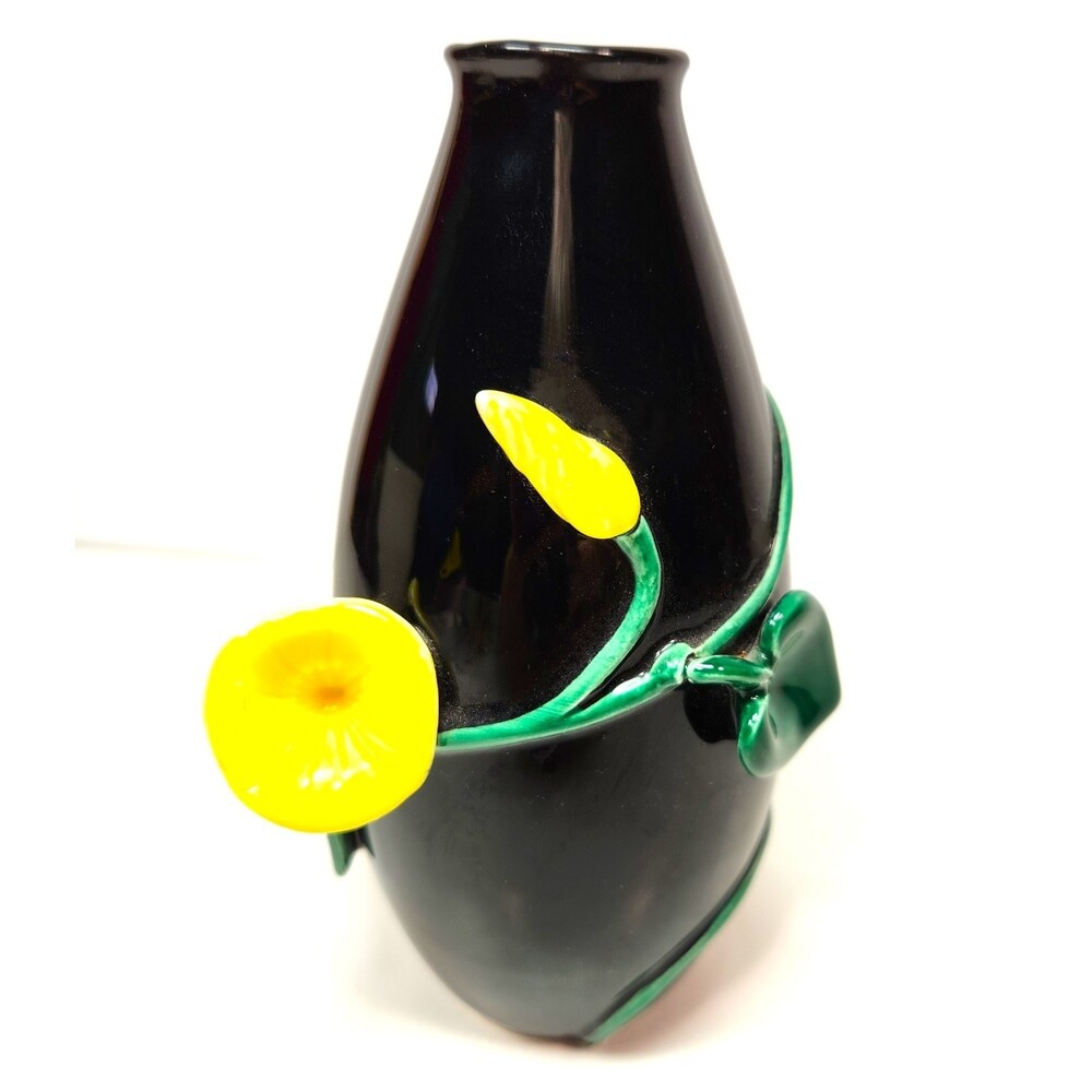 Fitz & Floyd Vintage Floral Vase 6 in. Morning Glory Flowers Black yellow